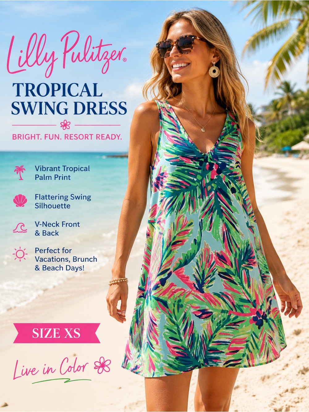 Lilly Pulitzer Tropical Palm Tree Print‎ Swing Dress XS Resort Coastal Fun Beach